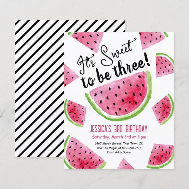  Sweet to Be Three Melon Birthday Party Invitation (Front/Back)