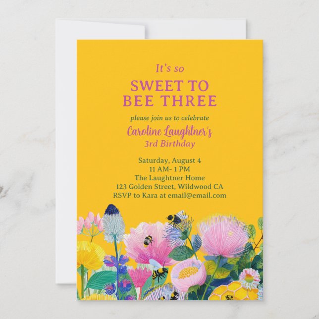 Sweet to Bee Three Colourful Third Birthday Invitation (Front)