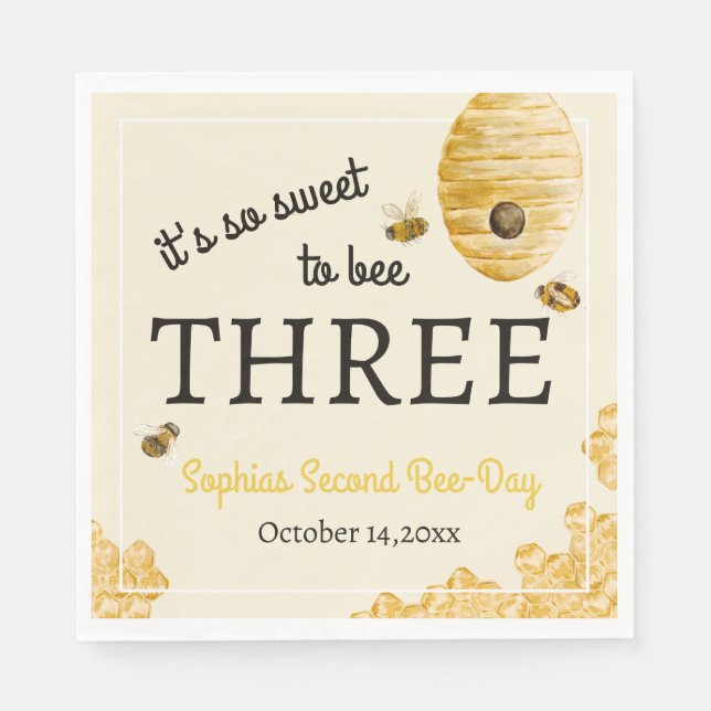 Sweet To Bee Three Third Birthday Bees Honeycomb Napkin (Front)