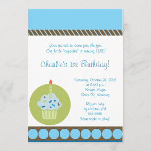 Sweet Treat Blue First 1st Cupcake Birthday Invitation