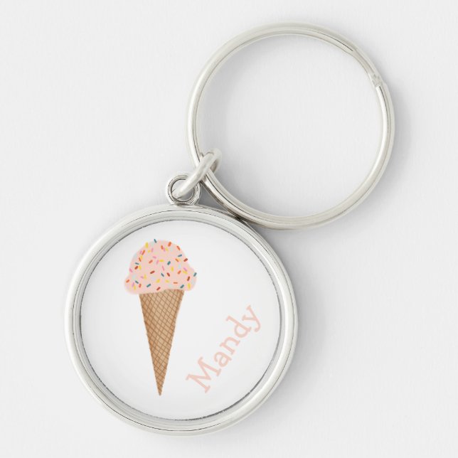 Sweet Treat Pink Ice Cream Cone Sprinkles CUSTOM Keychain (Front)