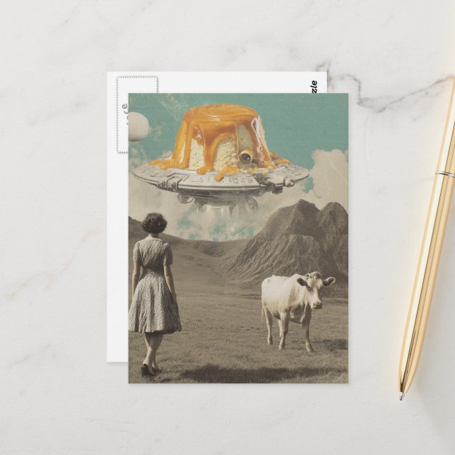 Sweet Treat Surreal in the Dairy Pasture Retro Postcard (Front/Back In Situ)