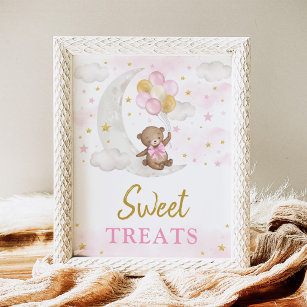 Sweet Treats Moon Teddy Bear Pink Gold Balloons Poster