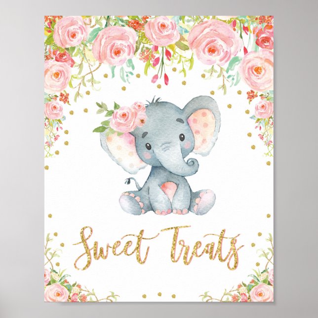 Sweet Treats Sign Girl Elephant Baby Shower Decor (Front)
