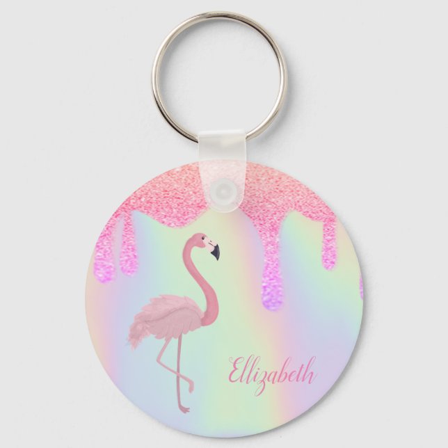Sweet Trendy Holographic, Pink Flamingo Keychain (Front)