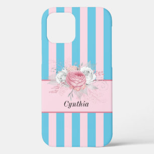 Sweet Turquoise and Pink Stripes and Flowers iPhone 12 Case