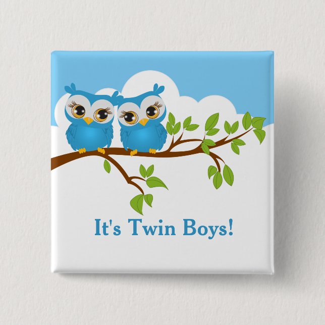 Sweet Twins Owls Boy Baby Button (Front)