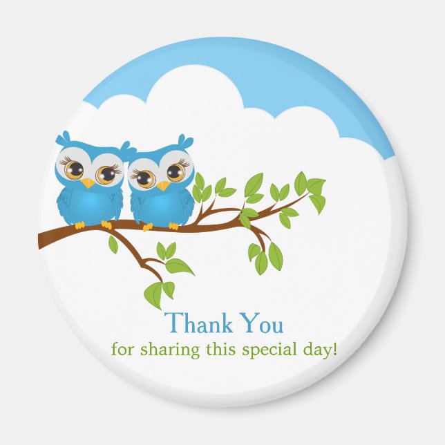 Sweet Twins Owls Boy Baby Thank You Magnet (Front)
