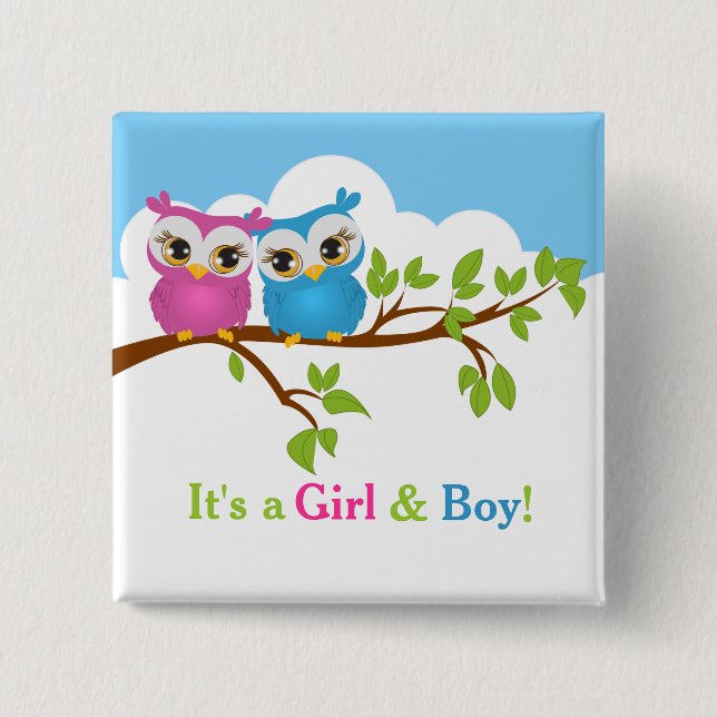 Sweet Twins Owls Boy Girl Baby Button (Front)
