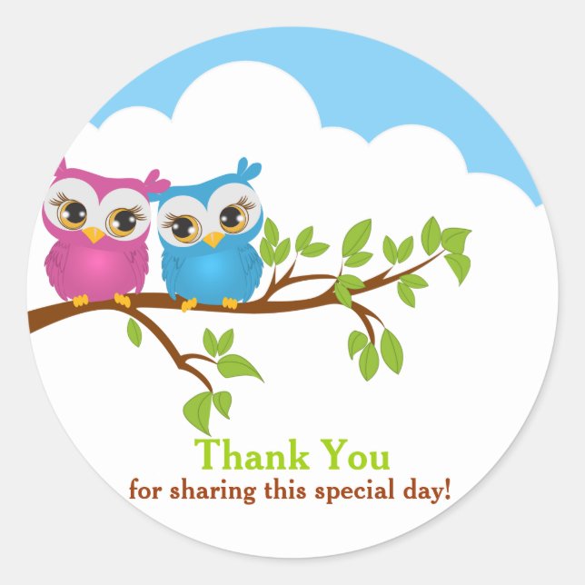 Sweet Twins Owls Girl boy Baby Merci Sticker (Devant)