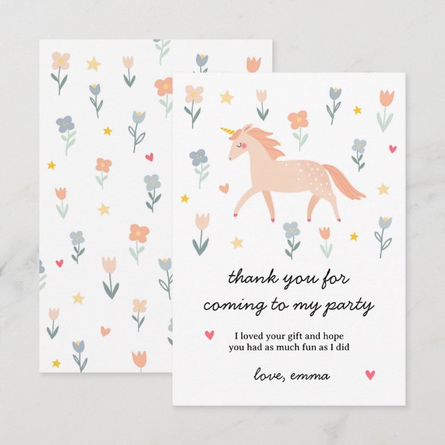 Sweet Unicorn Floral Flat Thank You Card (Front/Back)