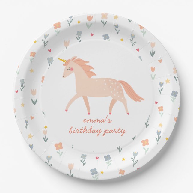 Sweet Unicorn Floral Paper Plate (Front)