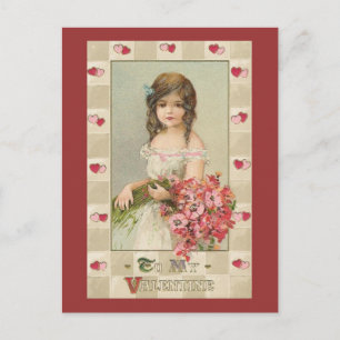Sweet Valentine Girls with Floral Bouquets Holiday Postcard
