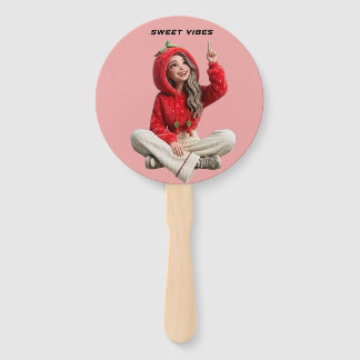 Sweet vibes strawberry hoodie character hand fan