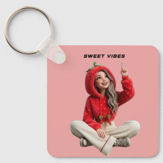 Sweet vibes strawberry hoodie character keychain
