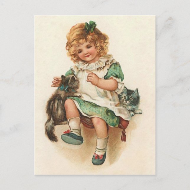 Sweet Victorian Girl & Kittens Vintage carte posta (Devant)