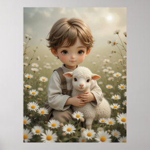 Sweet Vintage Child Portrait with Little Lamb Poster
