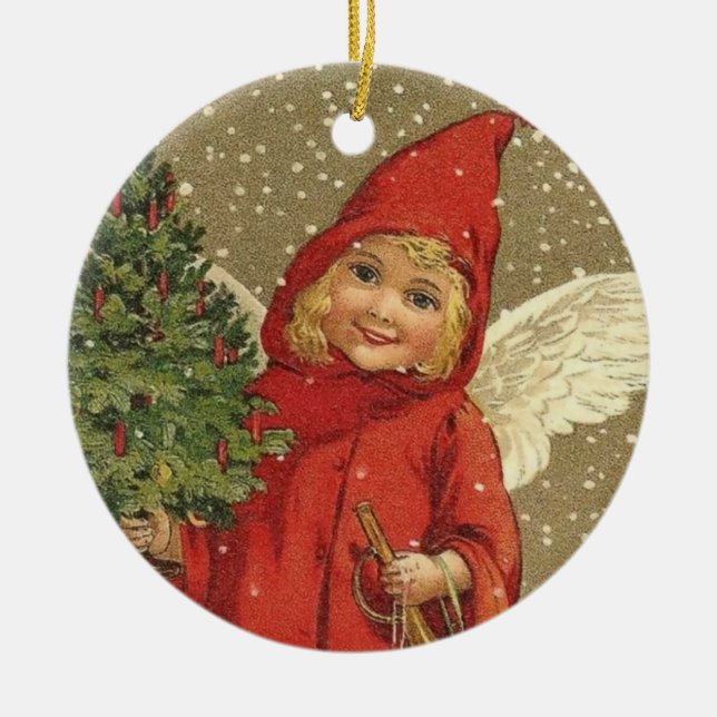 Sweet Vintage Christmas Angel Ceramic Ornament (Front)