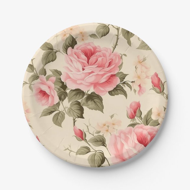 Sweet Vintage English Roses Paper Plate (Front)