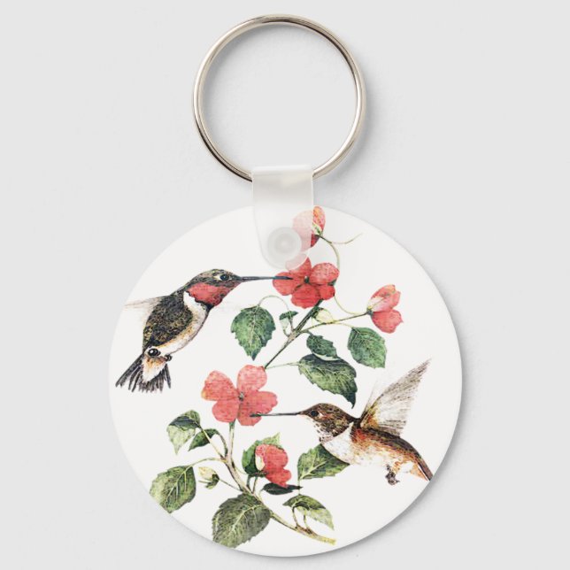 Sweet Vintage Floral Hummingbirds Pair Keychain (Front)