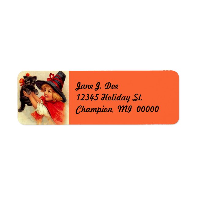 Sweet Vintage Halloween Witch Black Kitten Labels (Front)