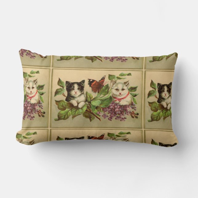 Sweet Vintage Kittens and Butterfly Lumbar Pillow (Front)