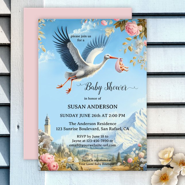 Sweet Vintage Stork Artistic Baby Shower Invitation (Baby shower invitation featuring a painting of a stork bringing a baby over a lovely landscape scene)