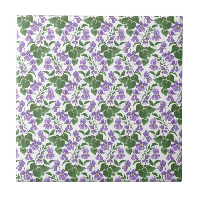 Sweet Violets Mauve on White Floral Ceramic Tile (Front)