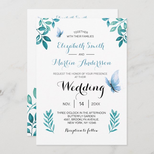 Sweet watercolor blue butterfly floral wedding invitation (Front/Back)