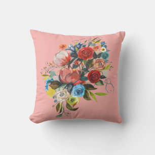 Sweet Watercolor Bouquet Coral Customizable Throw Pillow
