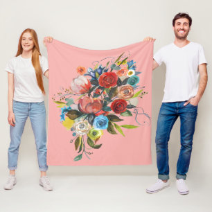 Sweet Watercolor Bouquet Coral Pink Customizable Fleece Blanket