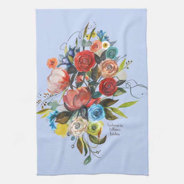 Sweet Watercolor Bouquet Periwinkle Customizable Kitchen Towel (Vertical)
