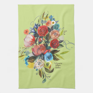 Sweet Watercolor Bouquet Spring Green Customizable Kitchen Towel