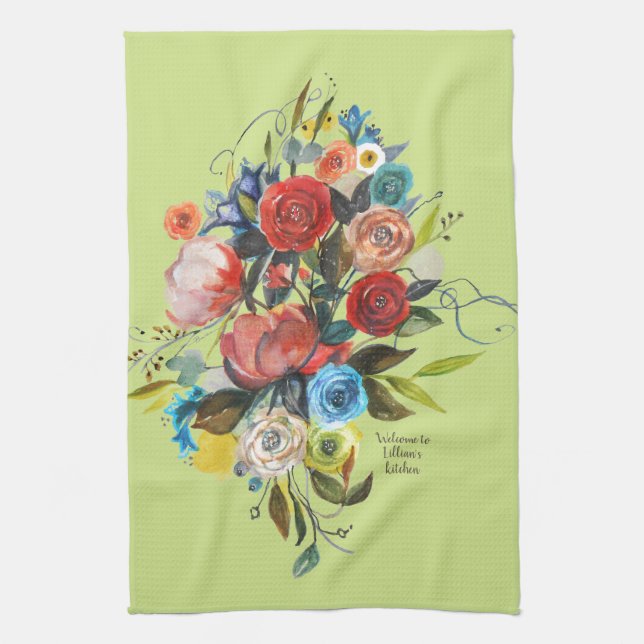 Sweet Watercolor Bouquet Spring Green Customizable Kitchen Towel (Vertical)