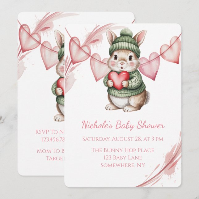 Sweet Watercolor Bunny Baby Shower  Invitation (Front/Back)