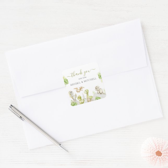 Sweet Watercolor Dinosaur Baby Shower Square Sticker (Envelope)