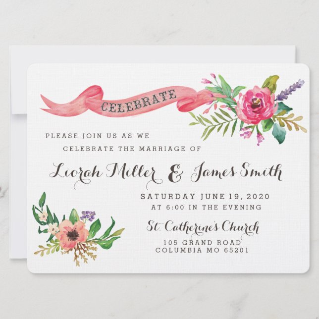 Sweet watercolor flowers with banner invitation (Front)