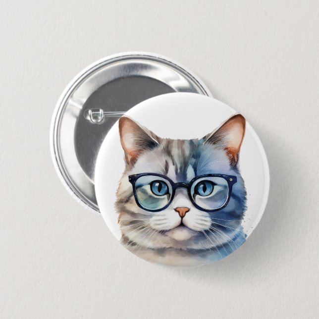 Sweet Watercolor Grey Cat 2 Inch Round Button (Front & Back)
