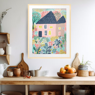 Sweet Watercolor House Garden Illustration  Poster