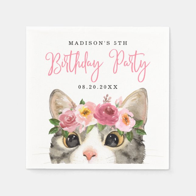 Sweet Watercolor Kitty Birthday Party Napkin (Front)