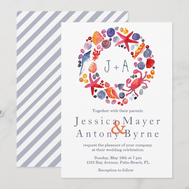Sweet Watercolor Nautical Wreath Beach Wedding Invitation (Front/Back)