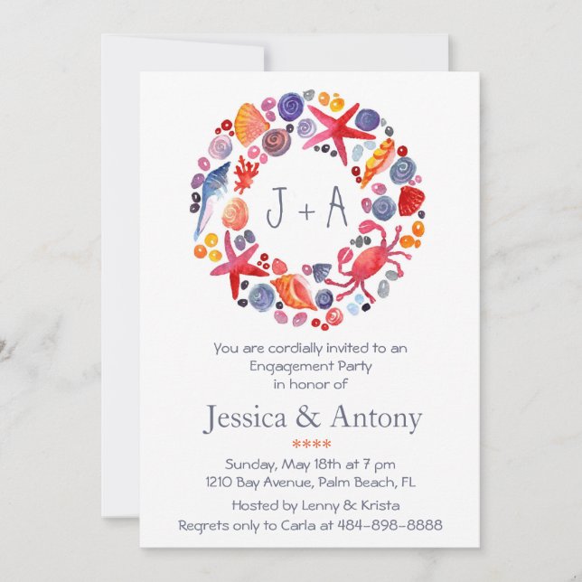 Sweet Watercolor Sea Wreath Beach Engagement Party Invitation (Front)