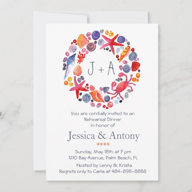 Sweet Watercolor Sea Wreath Beach Rehearsal Dinner Invitation (Front)