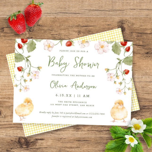 Sweet Watercolor Strawberry Chicks Baby Shower Invitation (Creator Uploaded)