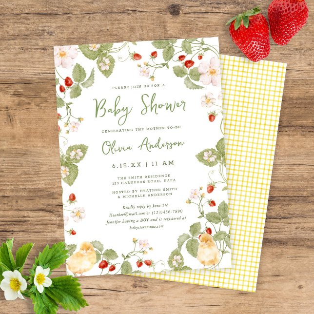 Sweet Watercolor Strawberry Chicks Baby Shower Invitation (Creator Uploaded)