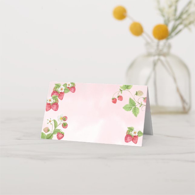 Sweet Watercolor Strawberry Place Card (Front)