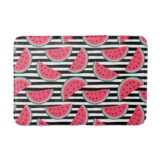 Sweet Watermelon on Stripes Black & White Pattern Bath Mat (Front)