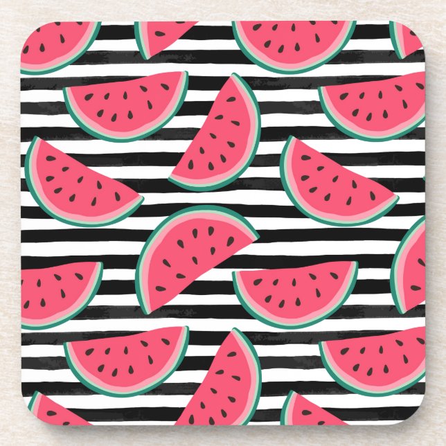 Sweet Watermelon on Stripes Black & White Pattern Coaster (Front)