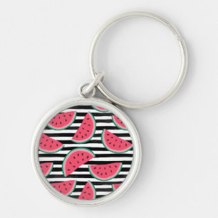 Sweet Watermelon on Stripes Black & White Pattern Keychain