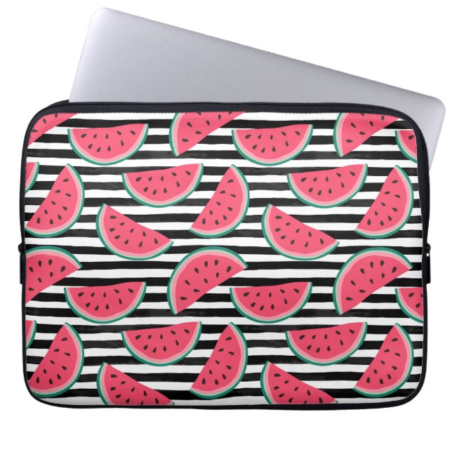 Sweet Watermelon on Stripes Black & White Pattern Laptop Sleeve (Front)